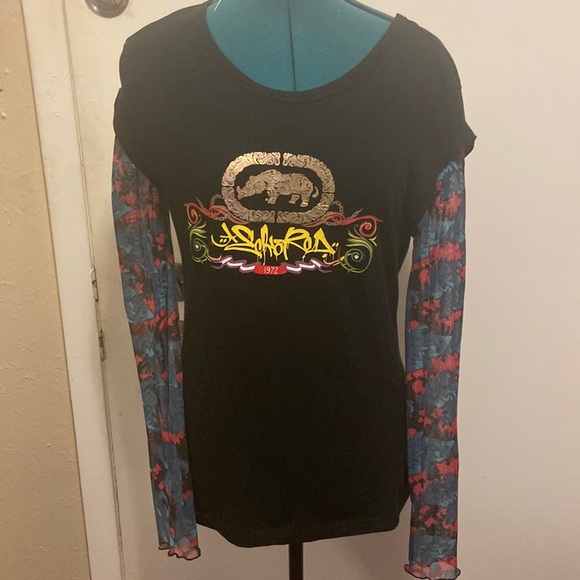 eckored Tops - JR’s T-Shirt w/sheer tattoo faux sleeves Gold & Neon Graphic Print on front XL